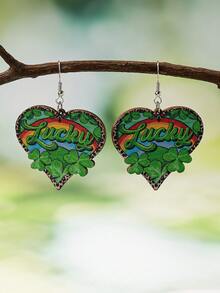 1 Đôi bông tai hình trái tim bằng gỗ màu xanh lá cây hình cỏ ba lá may mắn dành cho nữ nhân dịp Ngày Thánh Patrick - Nhiều màu - Xem 1