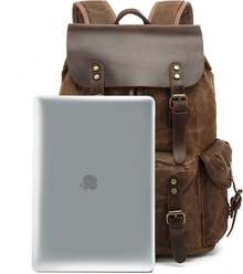 Mochila de lona encerada de piel auténtica, mochila de viaje para portátil - Verde militar - Ver 7