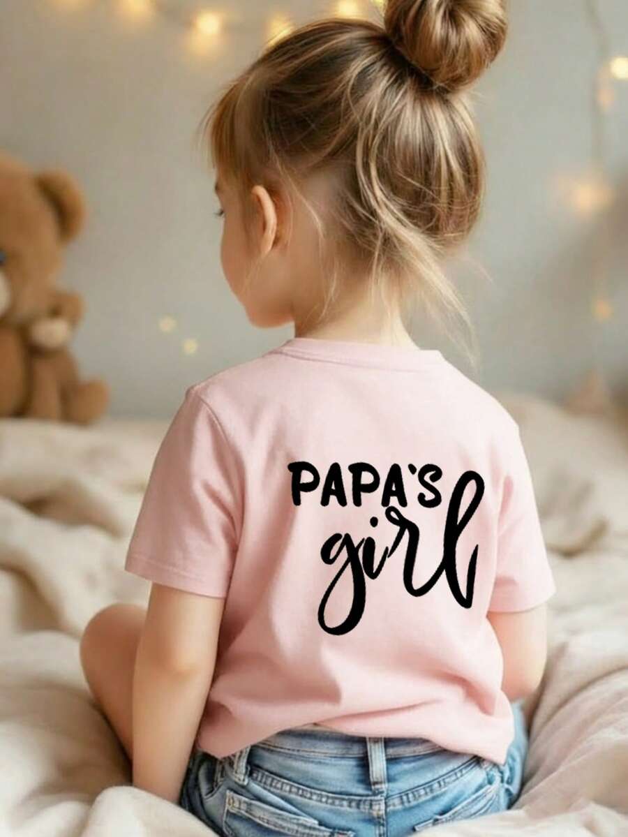 Young Girl Casual Graphic Print Crew Neck Short Sleeve T-Shirt, Summer Top - Pink - View 1