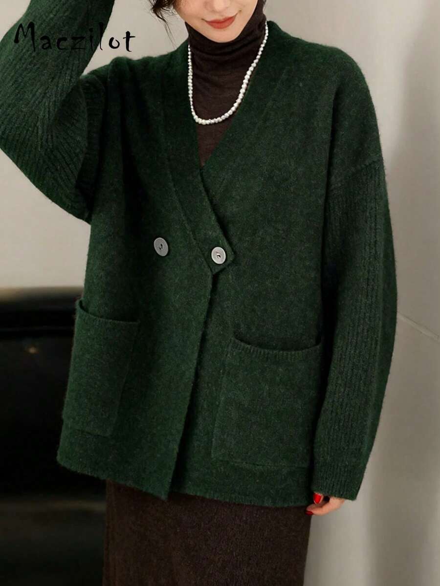 大码女式休闲圆领纽扣开衫