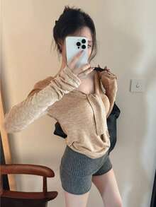 Khaki Ribbon V-Neck Long Sleeve Knit Sweater, Women's Summer Slim Fit Solid Color Chic Versatile Top Fall - Apricot - View 2