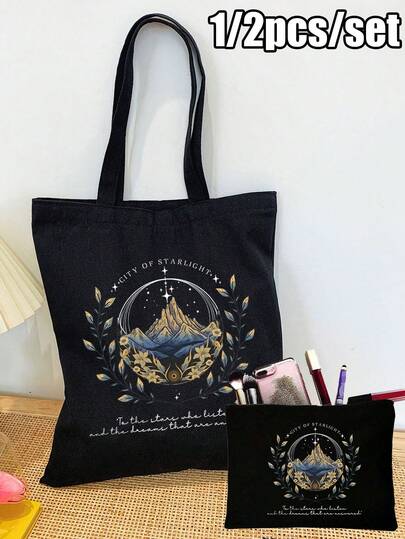 ACOTAR Pattern Tote Bag Set, Includes Large Shoulder Bag And Small Makeup Bag,Shoulder Bag For Travel Daily Commute Women's Shopping Bag, Folding Shoulder Bag,Suitable For Daily Use, Ideal For Carrying Groceries, Beach Items, Perfect For Women, Fashion Lovers, Travelers And Shoppers, Ideal For Daily Commute, Beach Trip, Shopping Spree And Leisure Outing