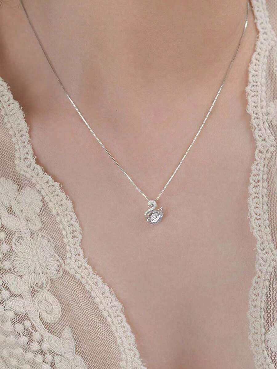 1 Pieza Collar De Cisne De Plata Pura Para Mujer Con Decoración, Moderno Y Adecuado Para Uso Diario, Regalo Del Día De San Valentín Para Novia - Plateado - Ver 1