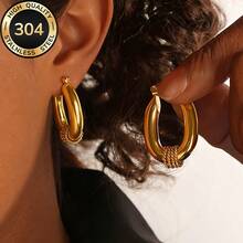 High-Quality Stainless Steel Women Hoop Earrings,18K Gold Plated Anti-Wear Anti-Fade,Hypoallergenic 316L Ear Post,Elegant Charming Fashionable Designer Simple Classic Style Unisex Jewelry Earrings For Daily Festival Vacation Parties - Gold - View 9