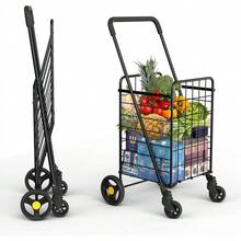 Shopping Cart & Large 360° Swivel Wheels | Foldable Collapsible & Lightweight | Perfect For Groceries Laundry Utility Cart - Black - Black - View 7