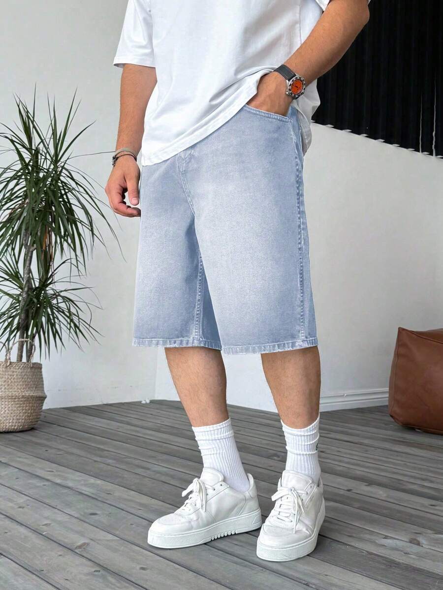 Washed Casual Denim Shorts For Men, Summer Drawstring Relaxed Waist Design Lightweight Bermuda Shorts Jorts - Baby Blue - View 1