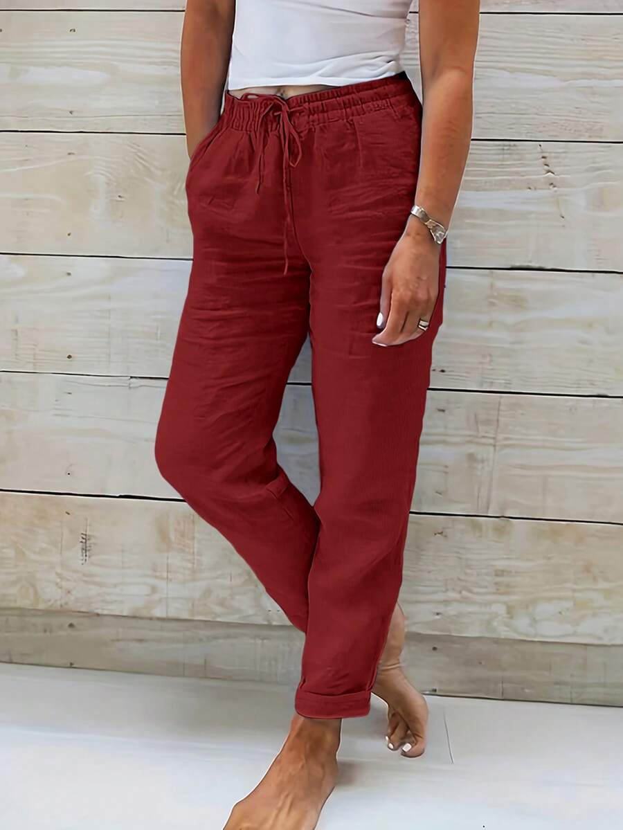 Pantalones casuales de mujer Jisfaneya de unicolor con cintura con cordón y bolsillos - Burdeos - Ver 1