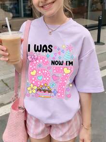 Tween Girl "I WAS 6, NOW I'M 7" Creative 6-7 Birthday Element Print, Suitable As Birthday Gift Clothing For Girls, Suitable For Activity Matching, Daily Wear, Birthday Party Celebration, Fashionable Summer Top For Girls - Mauve Purple - View 4