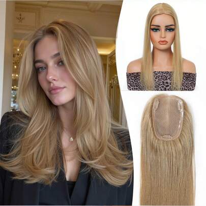 3"X4.5" Topper de cabello de capa única, adecuado para cabello fino, calidad de cabello dorado claro S12#
