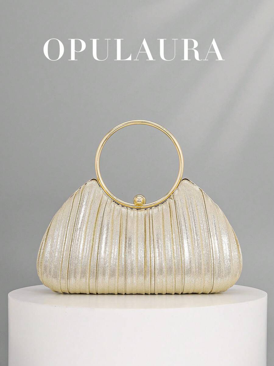 OpulAura 女士金属光泽奢华晚宴手拿包，优雅皮革正式手提包，闪亮晚宴包，适合晚宴、舞会、派对、婚礼、新娘、伴娘、生日礼服等场合 - 金色 - 查看 1