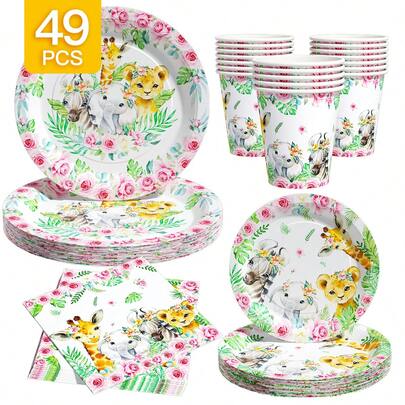 8pcs Animal Floral Party Disposable Plate, Napkin, Cup Set, Includes Plates, Napkins And Cups, Suitable For 8 Guests, Disposable Paper Plates Party Supplies For Birthday, Wedding, Theme Party, Family Picnic