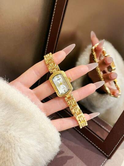 1pc Women's Quartz Watch – Gold Stainless Steel Bracelet Watch With White/Silver Dial, Fashion Elegant Timepiece For Women, Casual & Dressy Wristwatch Accessory, Minimalist Luxury Ladies Watch, Everyday Wear Bracelet Watch, Stylish Fashion Watch, Perfect Gift For Her