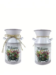Jarrón de hierro forjado retro, jarrón de flores con estampado "Bienvenido" de estilo campestre, jarrón decorativo con doble asa de cuerda para arreglos florales, adecuado para ramos de flores realistas, cubeta de flores, pieza de decoración floral de escritorio del hogar, recipiente de decoración suave de estilo nórdico - 1PC - Ver 6