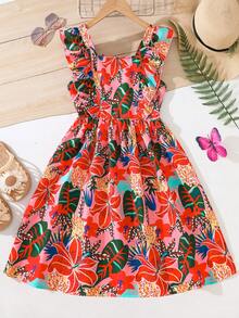 Girls Dress, Bohemian Style Girls Summer Dress, Tropical Floral Print, Square Neckline, Flutter Sleeves, Waist Cinched, Cutout Back, Bow Decor, Suitable For 8-12 Years Old, Vacation, Party, Beach - Red - View 2