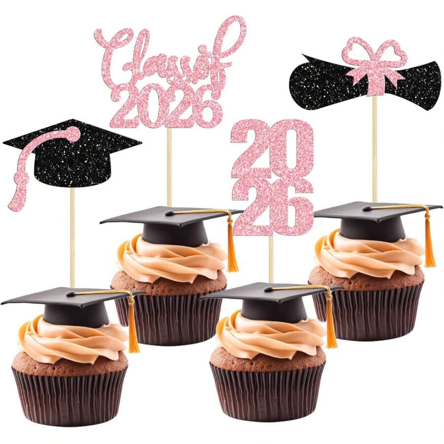 12pcs 2026 Graduation Theme Glitter Cupcake Decorations, 2026 Graduation Diploma Cap Cupcake Toppers, 2026 Graduation Party Cake Decorations, Pink - Pink - View 1