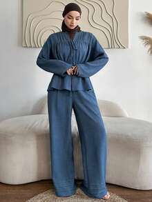 Livesso 2pcs/Set Women Crew Neck Cinched Waist Pleated Top And Casual Pants - Blue - View 2