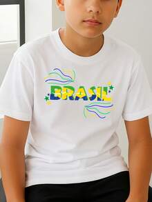 Camiseta Algodão Infantil Estampa Brasil Confete 1010 Copa do Mundo Tecido Confortável 100% Algodão Escola Looks Ootds Modinha - Branco - Visão 1