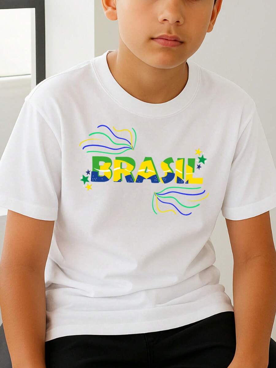 Camiseta Algodão Infantil Estampa Brasil Confete 1010 Copa do Mundo Tecido Confortável 100% Algodão Escola Looks Ootds Modinha - Branco - Visão 1