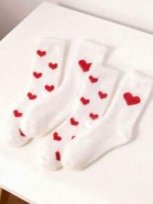 2 Pares de Meias Femininas de Pele de Vison com Padrão de Coração, Meias Térmicas Resistentes ao Frio para Outono/Inverno, Meias de Maternidade, Meias para Dormir em Casa, Adequadas para Uso Diário - Multicolorido - Visão 3
