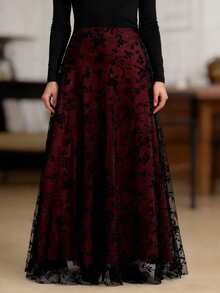 大码花卉植绒网纱A字裙，优雅女士春季半身裙 - 酒紅色 - 查看 2