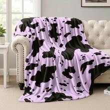 1pc Soft Flannel Blanket With Black Cow Print On Purple Background - Warm, Durable, And Stylish For Sofa, Bed, Travel, Camping, Living Room, Office, Or Gift, Multiple Sizes Available, Cozy Home Decor, Cozy Bedspread, Playful Pattern, Plush - White - View 2