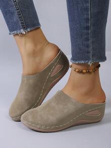 Women's New Round Toe Casual Slip-On Wedge Heel Loafers - Khaki - View 4