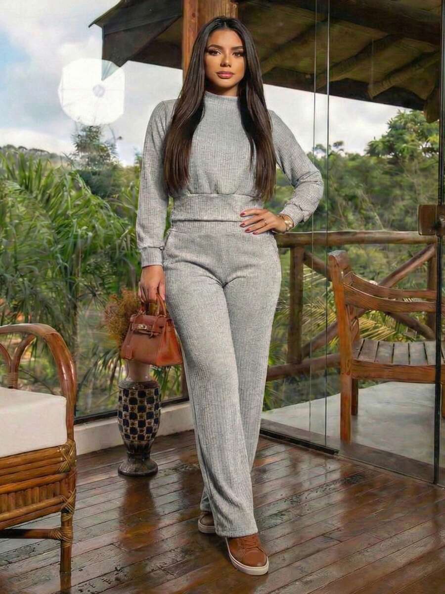 Women's Set Cold Long Sleeve Blouse High Neck And High Waist Pants Knit Winter Cold Warm Fashion Casual Elegant REF: Jennifer - 灰色 - 查看 1