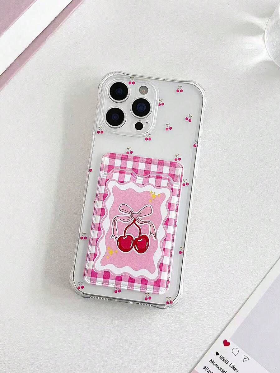 Bowknot Cherry Painted Transparent Card Holder Soft Silicone Protective Phone Case Compatible With IPhone 17pro/17Air /17/17promax16/11/16pro/16plus/16promax/16e/15Promax/13/14/12/XS/XR/7G/8P, Compatible With Samsung Galaxy, Redmi - Multicolor - View 1