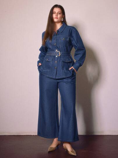 Sollinarry Plus Size Women's Spring/Summer Denim Set, Jacket With Pockets And Belt, Paired With Matching Wide-Leg Pants, Suitable For Work, Dates, Vacation, Teachers Casual