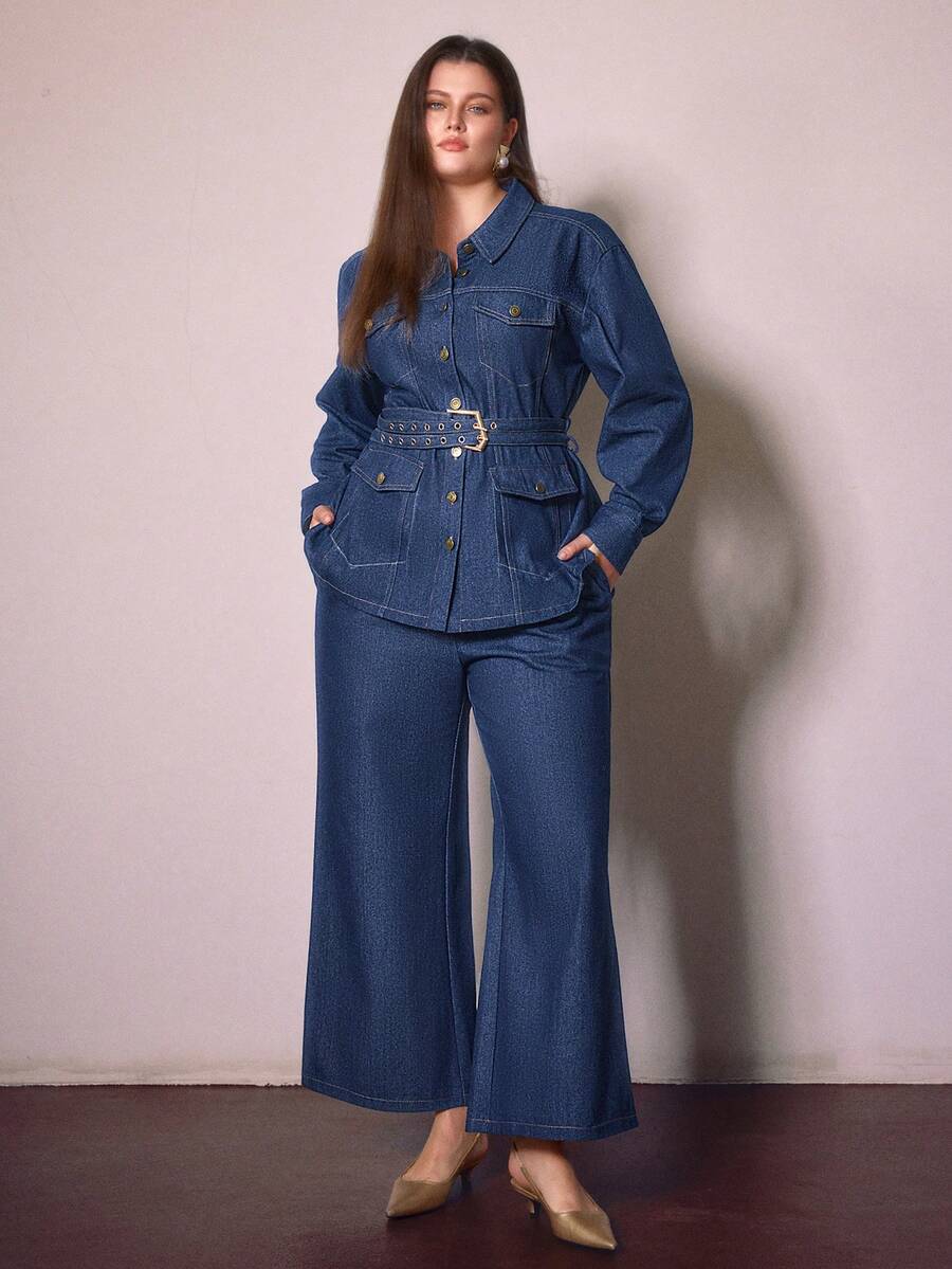 Sollinarry 大码女式春夏牛仔套装，外套带口袋和腰带，搭配同色系阔腿裤，适合工作、约会、度假、教师休闲穿着。