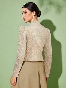 女士立领花卉提花泡泡袖纽扣设计不对称下摆优雅端庄衬衫 - 香檳色 - 查看 5