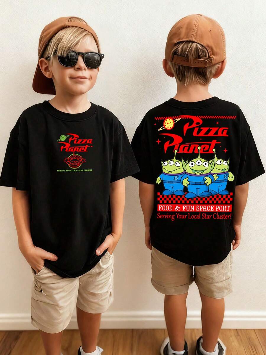 Disney Toy Story Alien Pizza Planet Kids' Tee, Checkerboard Print Cool Kids' Wear - 黑色 - 查看 1