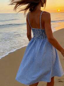 Women's Elegant Blue Plaid Backless A-Line Mini Dress, Sleeveless Halter Neck Dress For Date, Vacation, Beach - Blue - View 5