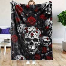 Plush Perfection, Skull & Floral 3D Print Flannel Throw Blanket - All-Season, Hypoallergenic Comfort For Couch, Bed, Office, Travel, Camping | Machine Washable, Versatile Digital Print Polyester Home Decor Gift - Mixed Colors - View 9