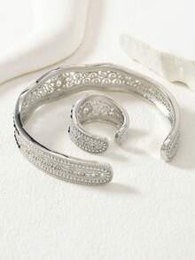 2pcs Middle Eastern Ramadan Copper Gold/Silver Filigree Hollow Bangle & Ring Jewelry Set, Best Gift For Family And Friends - Silver - View 10