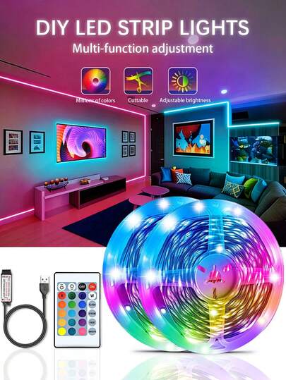 5V USB 3535 RGB LED灯带，超长变色灯带，带24键红外遥控器，适用于卧室装饰、电视背光、客厅夜灯、派对氛围装饰、万圣节、感恩节、圣诞节、家居、舞台装饰等。