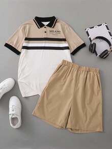 2pcs Teenage Boys Striped Polo Shirt And Matching Casual Shorts Set, Refined Silhouette With Formal And Comfortable Urban Vibe - Khaki - View 6