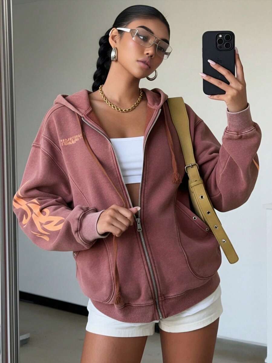Letter Print Plus Size Crew Neck Loose Sweatshirt, Vacation Travel Beach, Casual Sports Elegant - Red - View 1