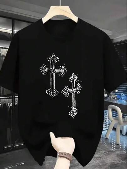 Camiseta de Manga Corta con Estampado de Cruz para Hombre - Camiseta con Símbolo Religioso y Diseños de Cruz Aleatorios (Latino/Inglés), Tela Transpirable Adecuada para Uso Diario, Gimnasio, Iglesia y Atuendos Casuales - Todo el Año para Adolescentes