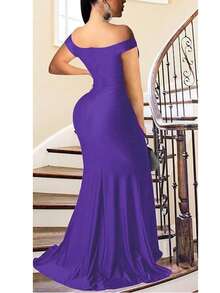 Fooullaide Women Sexy Off Shoulder Prom Evening Gowns Elegant V Neck Short Sleeve Wrap Formal High Split Wedding Guest Dress - 紫色 - 查看 4