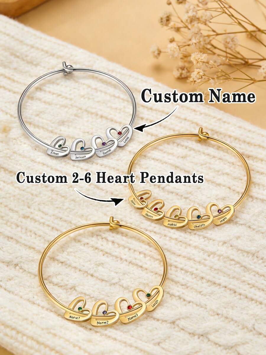 1pc Personalized Stainless Steel Bracelet, Heart Shaped Bangle, Mother's Day Gift, For Girlfriend/Friend/Mother/Daughter, Customized Women's Jewelry, Can Engrave Unique Birthplace And Rhinestones, Customize Name, Women's Jewelry Gift - Multicolor - View 1