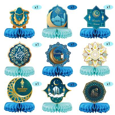 9PCS Eid Mubarak Decorations Honeycomb Centerpieces, Ramadan Mubarak Moon Star Table Decorations For Home Office Indoor Eid Mubarak Holiday Decorations Supplies