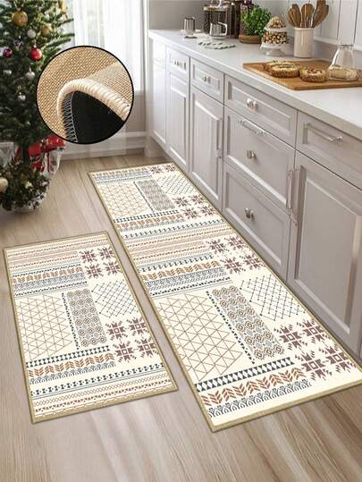 3.5毫米厚柔软橡胶亚麻厨房地垫，波西米亚风格吸水厨房地毯，带包边，亚麻表面，海绵中间层，橡胶底，适用于厨房、浴室、洗衣房、玄关、客厅等场所。