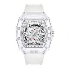 KIMSDUN Transparent Barrel‑Shape Watch For Men| Luminous Date Display & 30M Water‑Resistant Silicone Strap Quartz Watch - Transparent Red Face - Red Ribbon - View 7