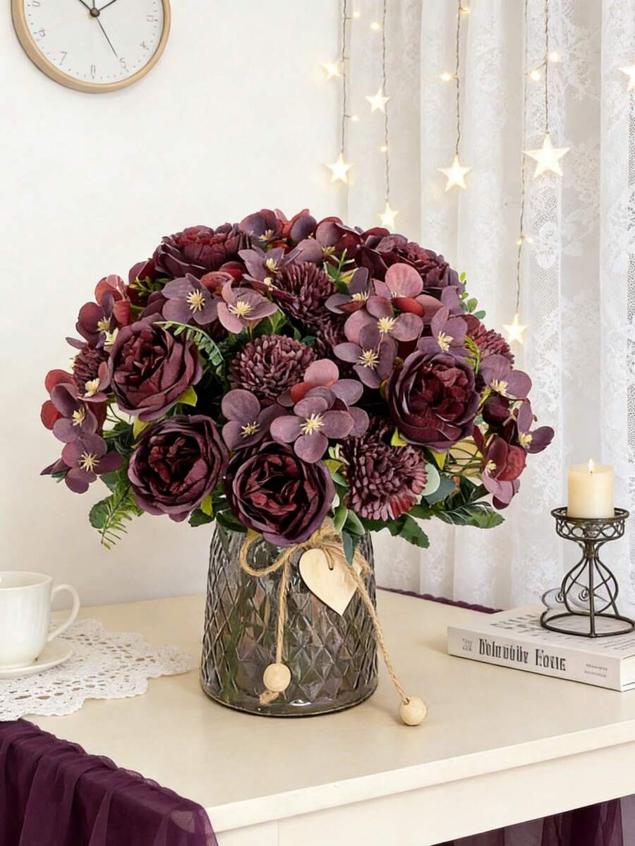 1件仿真牡丹丝绣球花束，新娘手捧花材，适用于家居、餐厅、花瓶装饰、婚礼装饰、背景墙装饰、婚车花车装饰（含DIY花环材料）、门楣装饰、花卉材料、情人节礼物、秋季装饰 - 酒紅色 - 查看 1