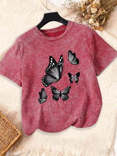 Summer Tops Comfortable Plus Size Round Neck Short Sleeve T-Shirt With Butterfly Print Regular Length Graphic Tees Women Summer Outfits For Women Casual