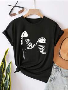 Sneaker Print Design On Black Shirt Graphic T-Shirt For Women, Oversized Crewneck Tees Casual Wear, Spring Cotton Tops Short Sleeve, Summer Basic Tees, Funny Clothes For Women - 黑色 - 查看 2