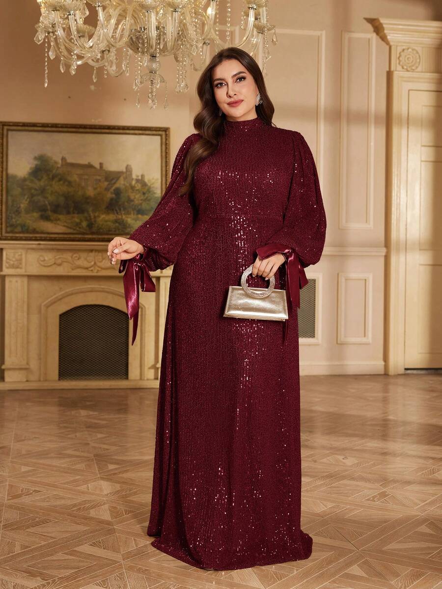 XUIBOL 大码亮片高领舒适长款连衣裙，适合不同体型，圆领长袖修身鱼尾下摆独特设计，纯色优雅奢华长裙，适合派对、毕业典礼、婚礼、活动及各种宴会舞会，女士正式晚礼服、舞会礼服、新娘母亲伴娘礼服（2025时尚款）黑色晚宴婚礼宾客长款连衣裙，正式晚礼服