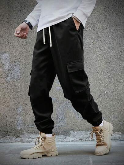 全新男士纯色休闲慢跑运动裤，宽松多口袋抽绳腰长裤，适合健身、跑步