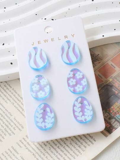 3 Pairs Easter Acrylic Holographic Iridescent Egg Stud Earrings Set, Cute Personalized Wavy Flower Print Earrings, Holiday Party Gift